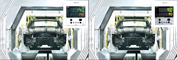 도장라인을 통과하고 있는 G80 차체의 고온 경도(왼쪽)와 저온 경도의 차이를 나타내는 비교 이미지.